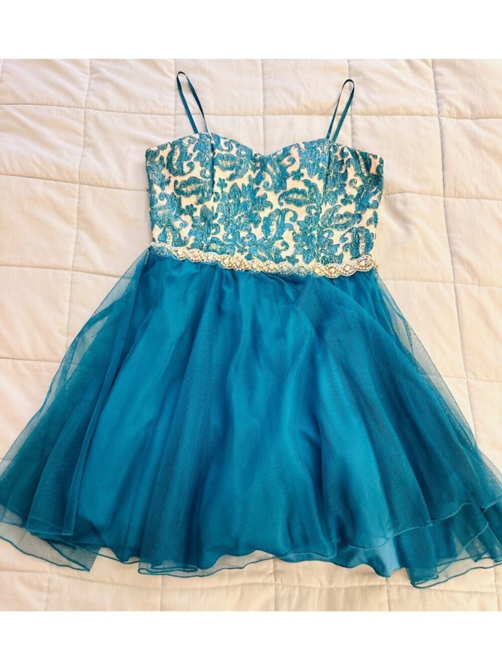 Teal Sequin Homecoming Dress Sz 9 Tulle Embroidered Party Formal 90s Y2K Fairy